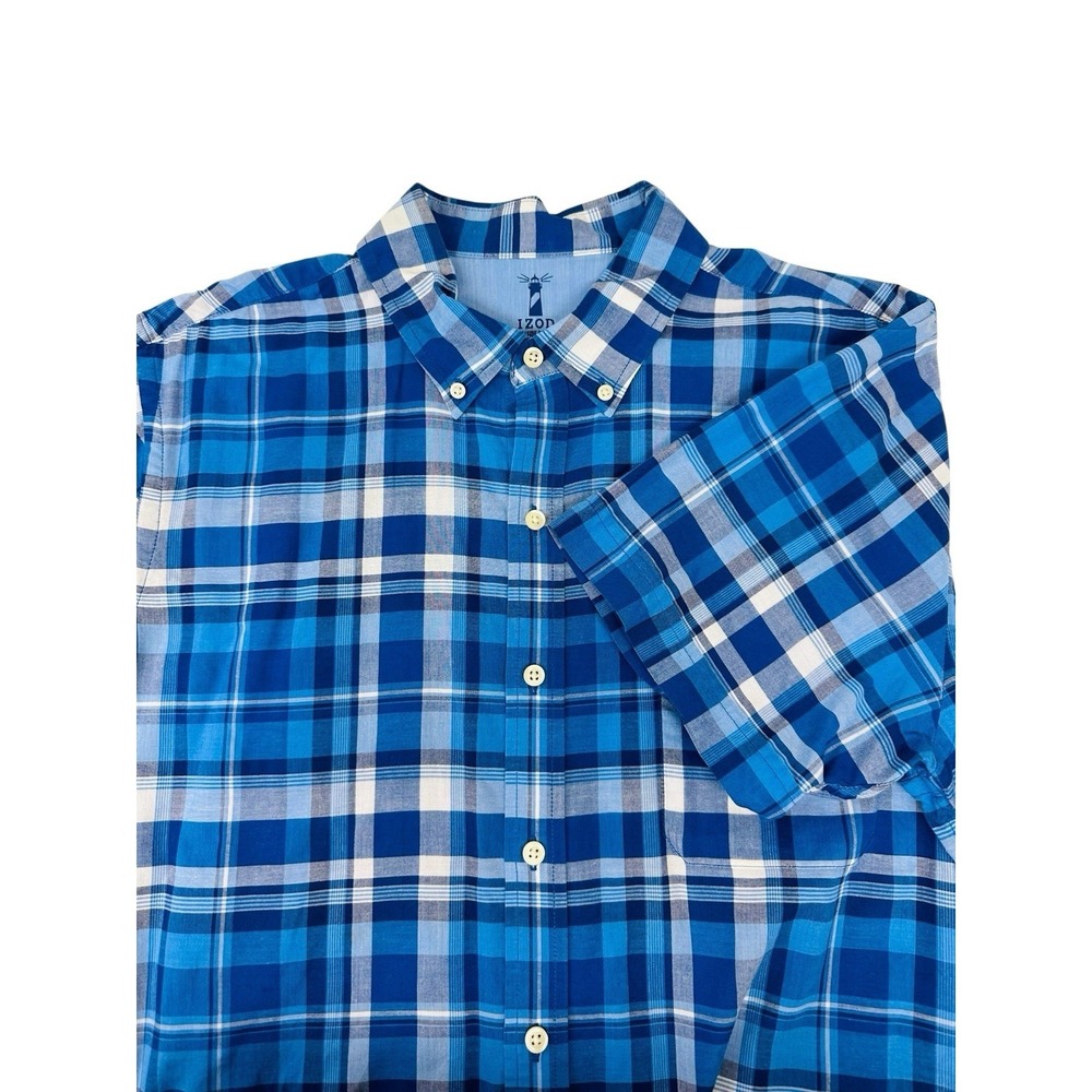 IZOD Men`s Seaside Poplin Blue White Short Sleeve Button Down Plaid Shirt Large